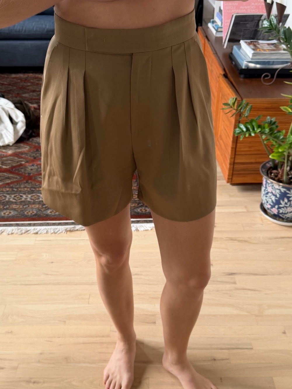 MaxMara Olive-Tan Pleated High-Waist Shorts